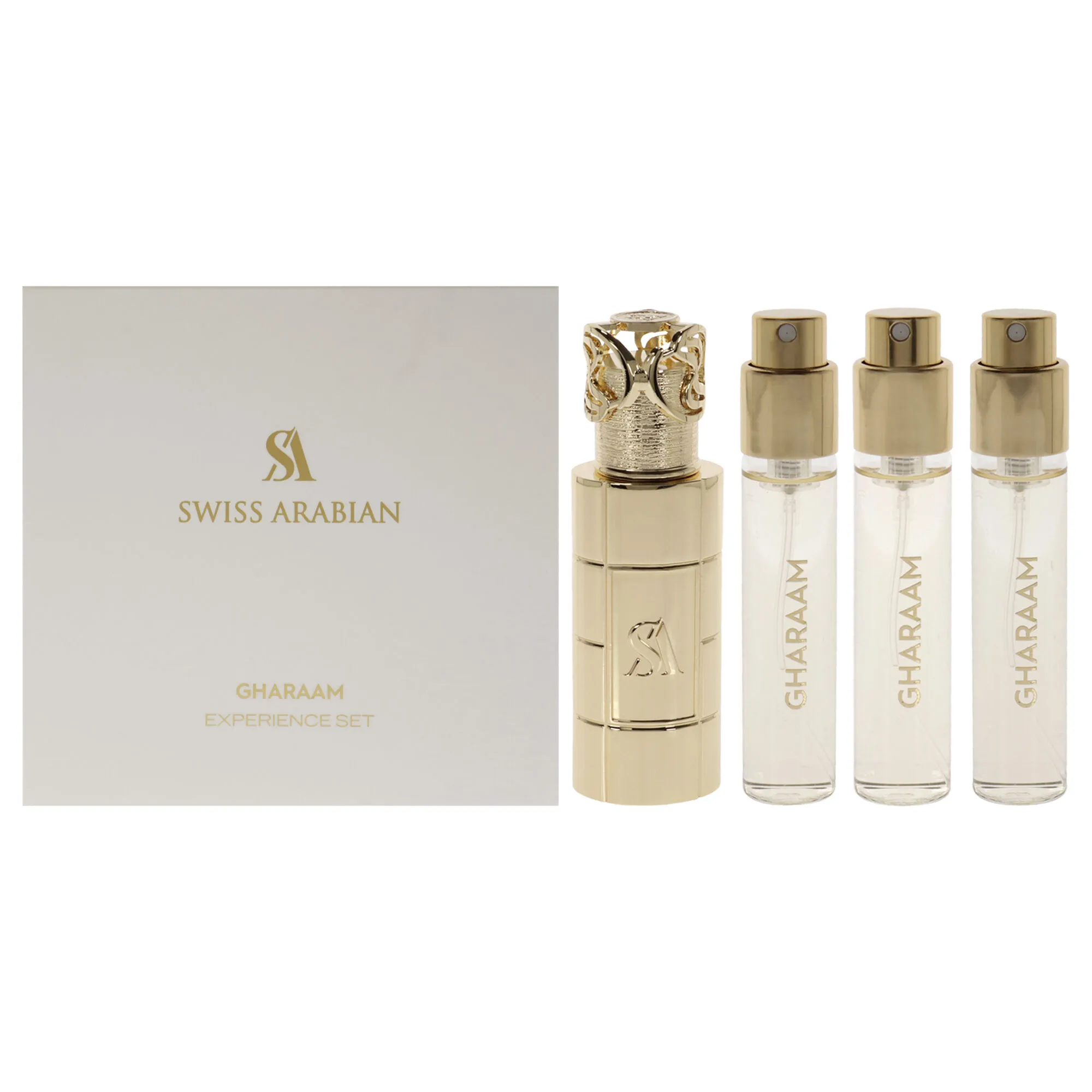 Gharaam by Swiss Arabian for Unisex - 4 Pc Mini Gift Set 3 x 10ml Perfume Spray, 1 Metal Case