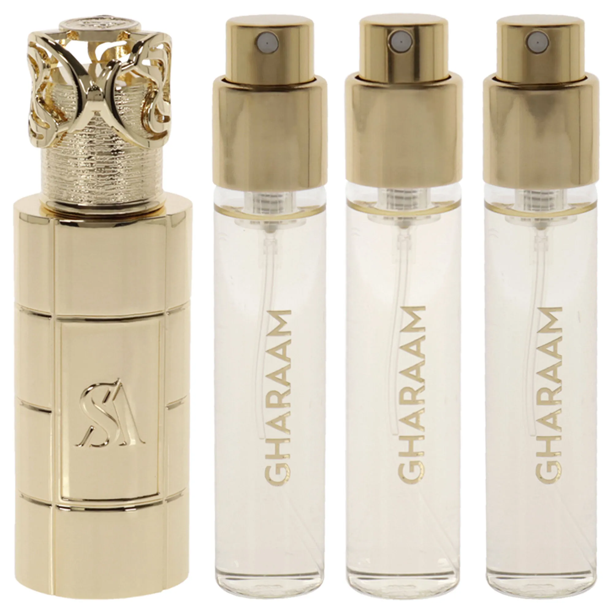 Gharaam by Swiss Arabian for Unisex - 4 Pc Mini Gift Set 3 x 10ml Perfume Spray, 1 Metal Case