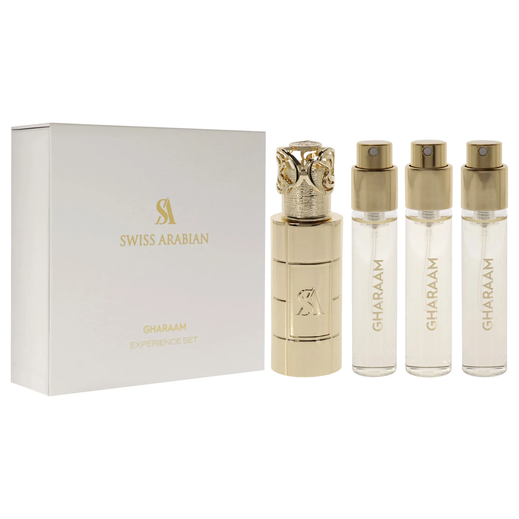 Gharaam by Swiss Arabian for Unisex - 4 Pc Mini Gift Set 3 x 10ml Perfume Spray, 1 Metal Case