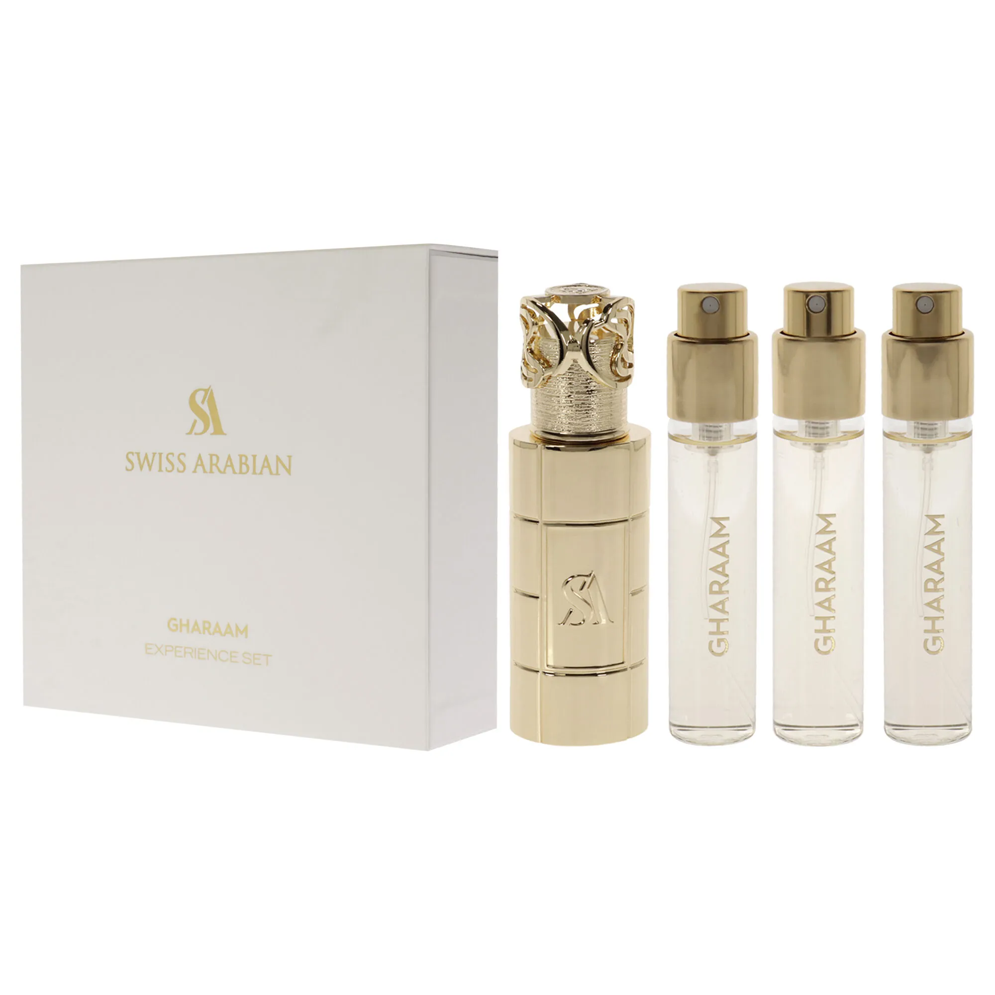 Gharaam by Swiss Arabian for Unisex - 4 Pc Mini Gift Set 3 x 10ml Perfume Spray, 1 Metal Case