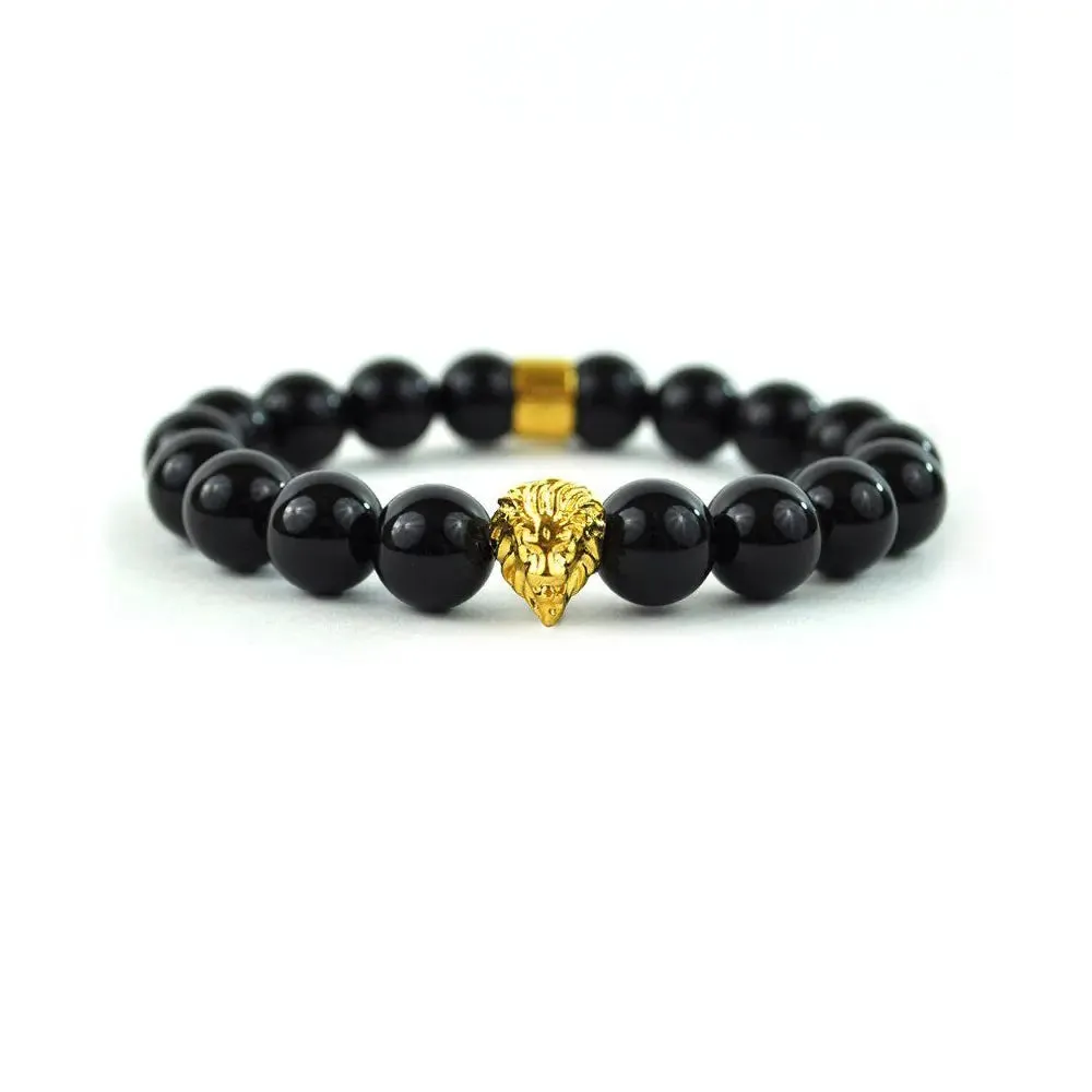 Glossy Black Lion Head Beaded Bracelet