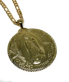 Gold Plated Big XL Virgin Mary Pendant / Virgen Guadalupe XL Grande Medalla Pendant Necklace Chain 26