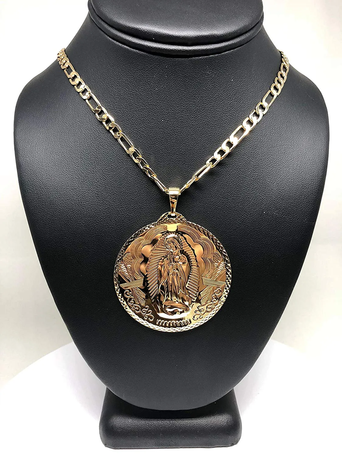 Gold Plated Big XL Virgin Mary Pendant / Virgen Guadalupe XL Grande Medalla Pendant Necklace Chain 26