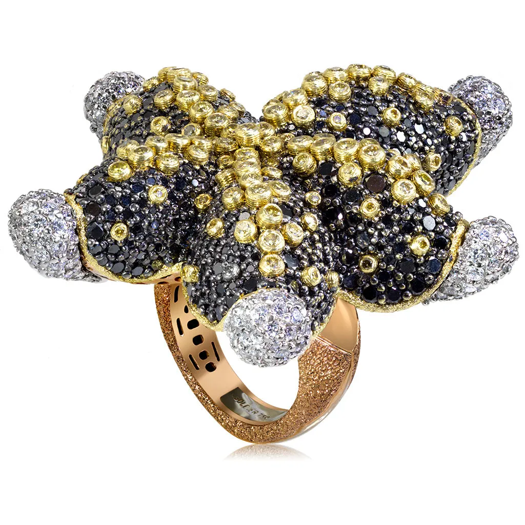 Gold Starfish Ring with Black Diamonds and Sapphires