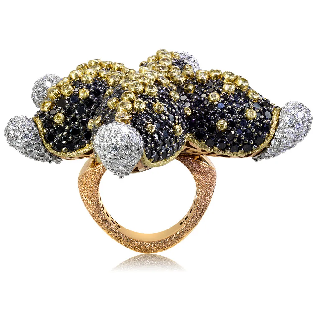 Gold Starfish Ring with Black Diamonds and Sapphires