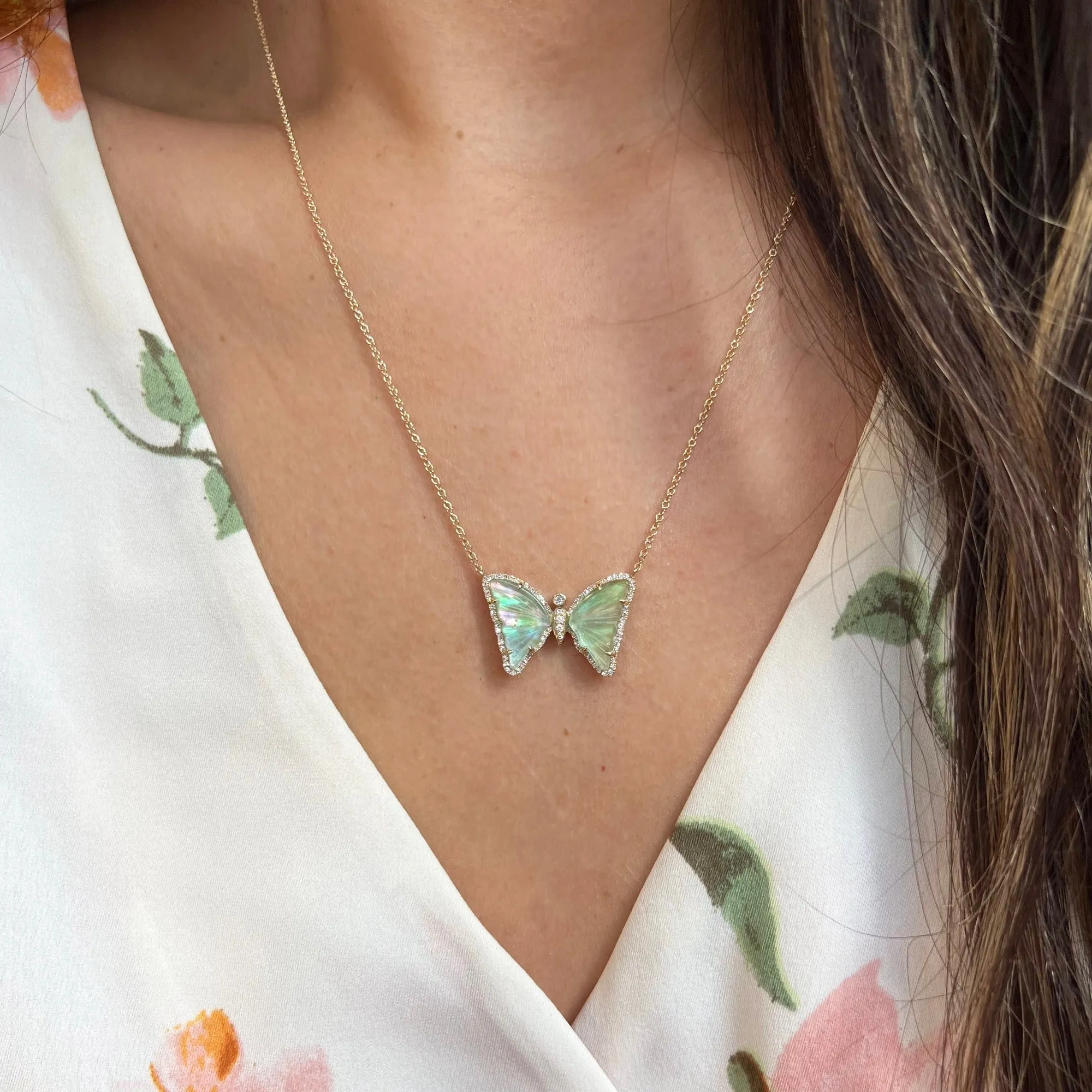 Green Tourmaline and Pearl Butterfly Necklace with Diamonds