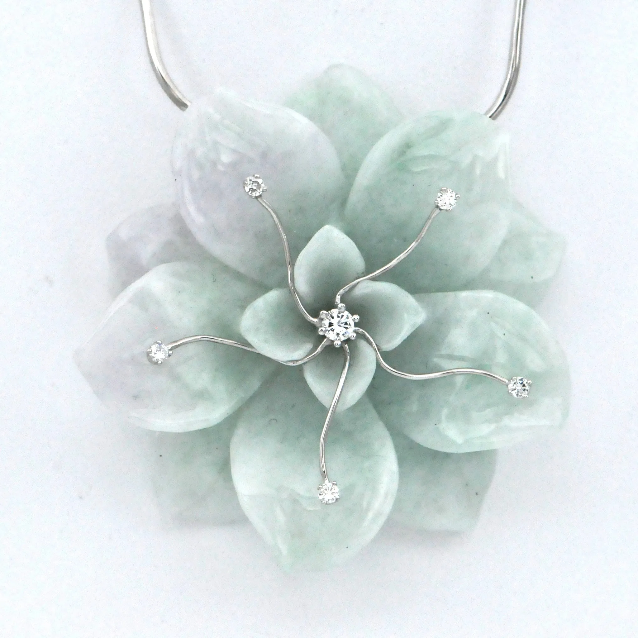 Hand Carved Jadeite Jade Flower and Diamonds Necklace