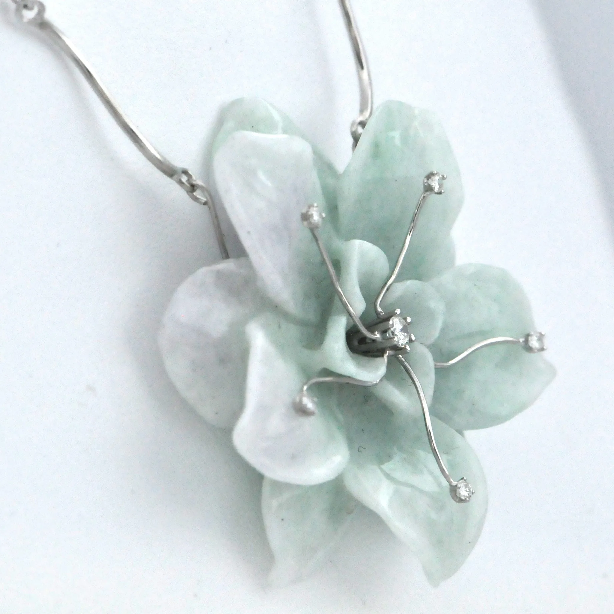 Hand Carved Jadeite Jade Flower and Diamonds Necklace