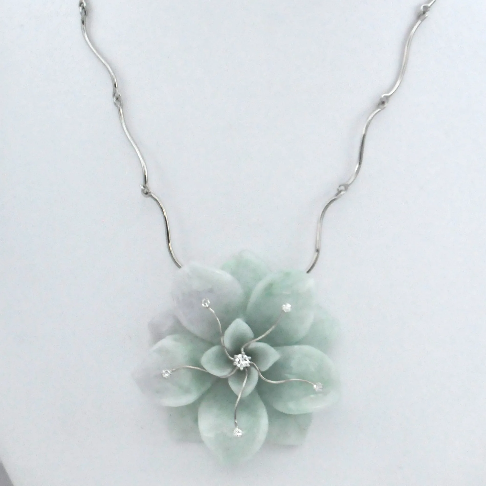 Hand Carved Jadeite Jade Flower and Diamonds Necklace