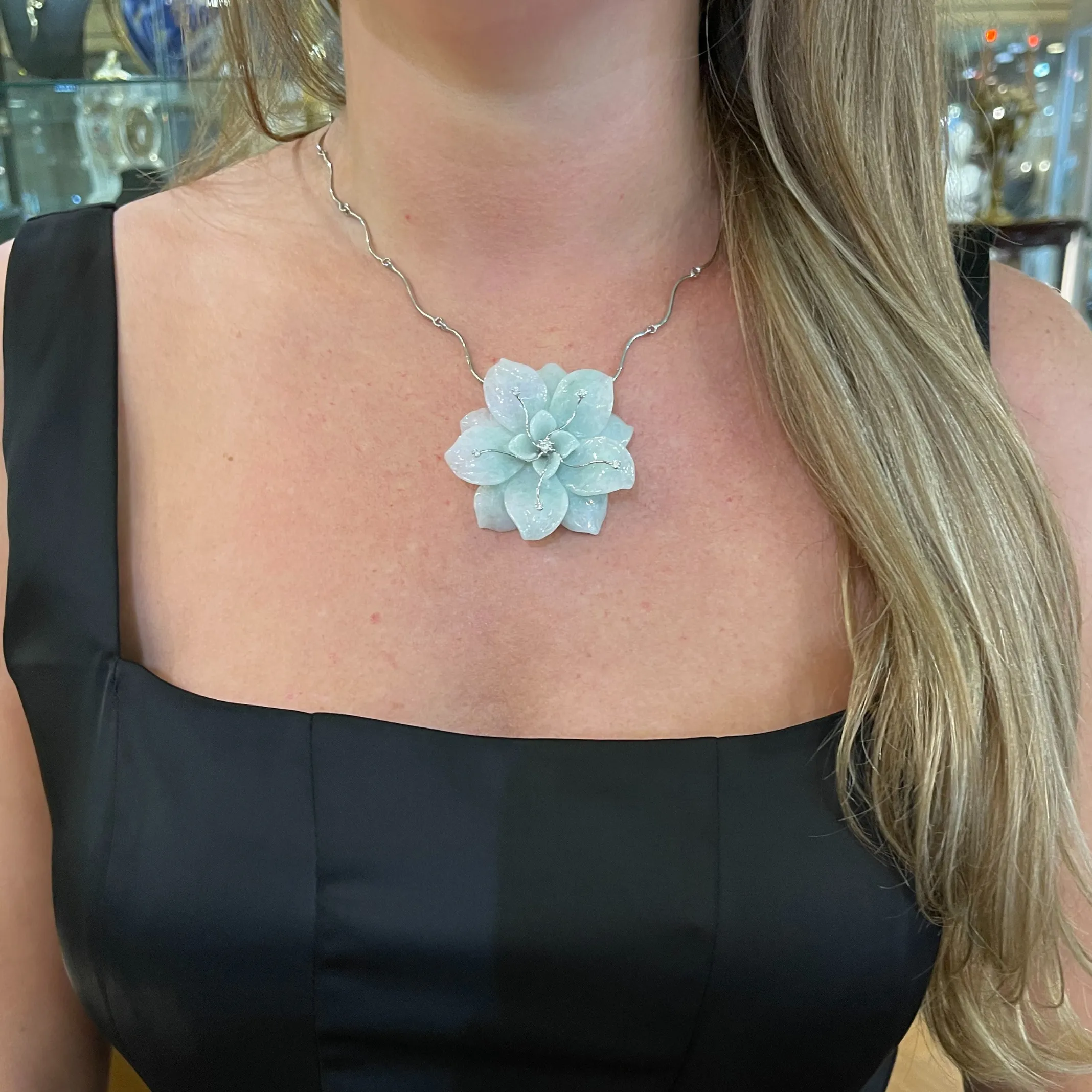 Hand Carved Jadeite Jade Flower and Diamonds Necklace