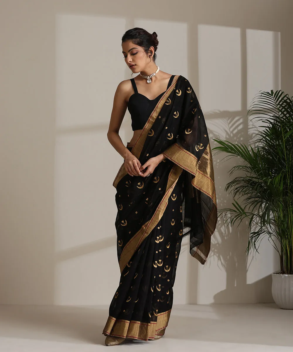 Handloom Black Pure Cotton Silk Pure Chanderi Saree With All Over Zari Motifs And Gold Border