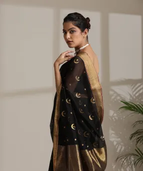 Handloom Black Pure Cotton Silk Pure Chanderi Saree With All Over Zari Motifs And Gold Border