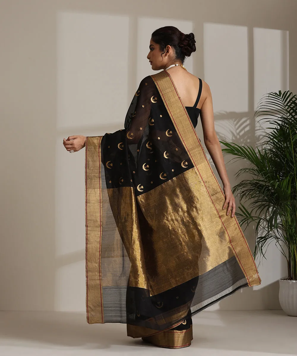 Handloom Black Pure Cotton Silk Pure Chanderi Saree With All Over Zari Motifs And Gold Border