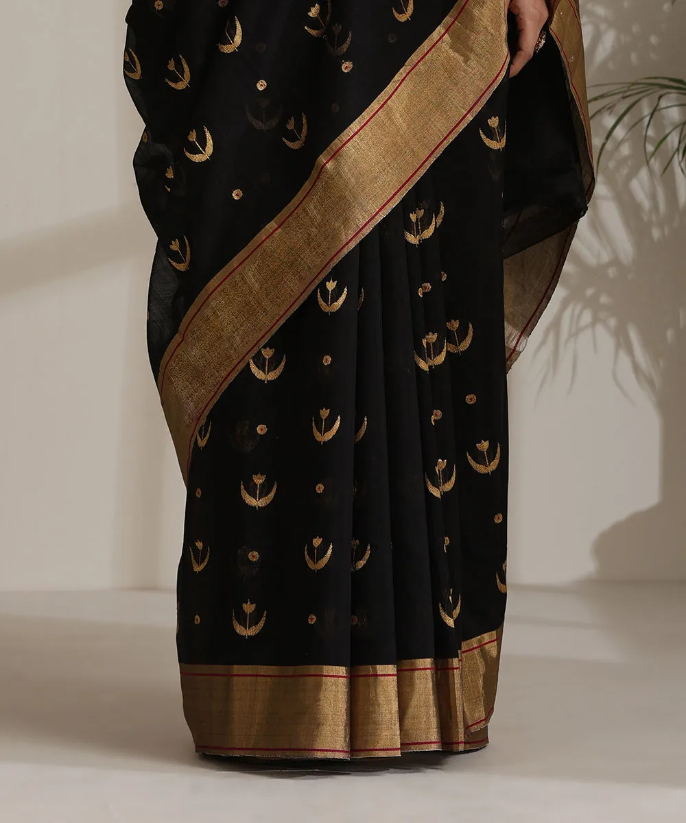 Handloom Black Pure Cotton Silk Pure Chanderi Saree With All Over Zari Motifs And Gold Border