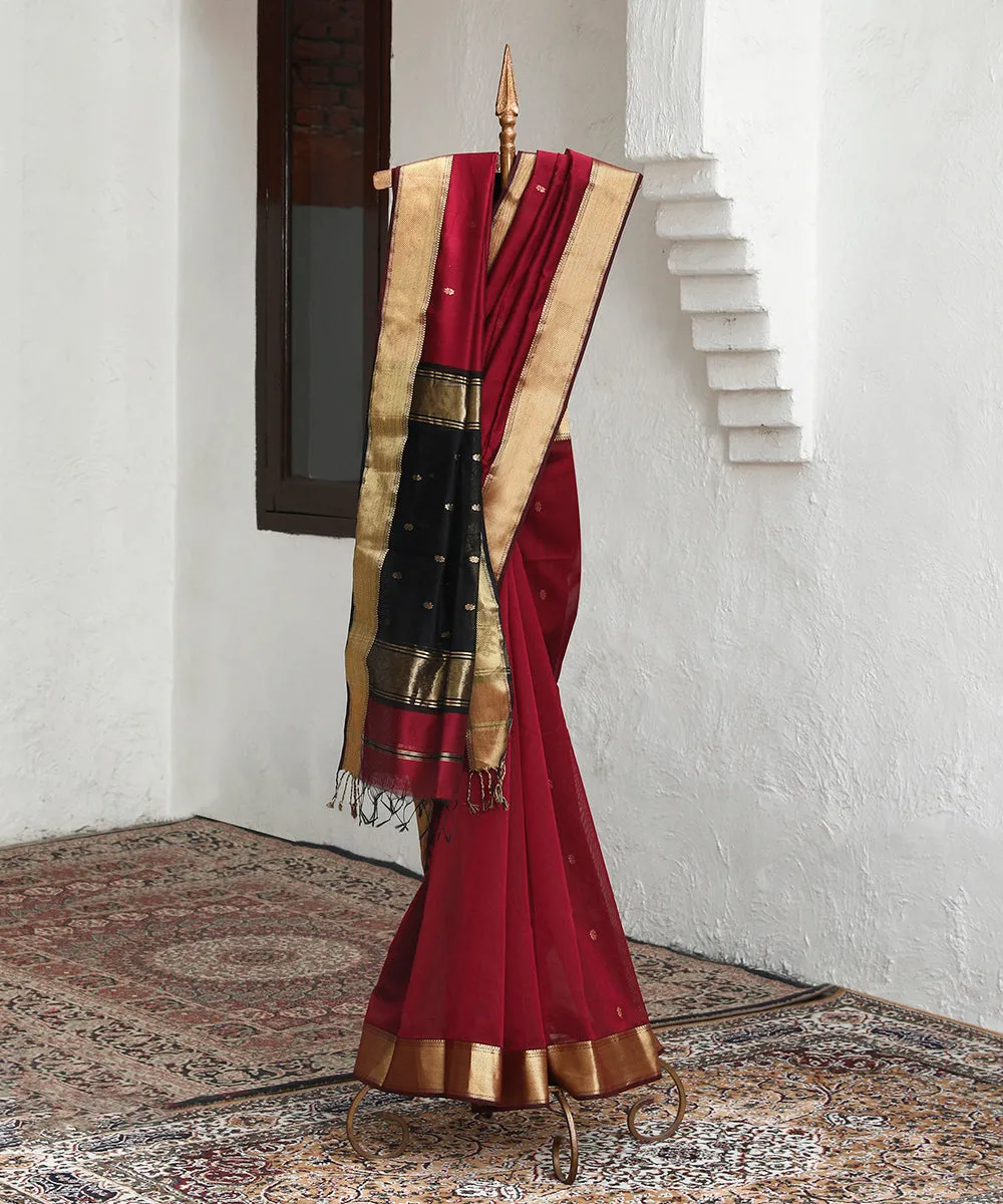 Handloom Maroon And Black Cotton Silk Maheshwari Saree With Zari Booti And Border