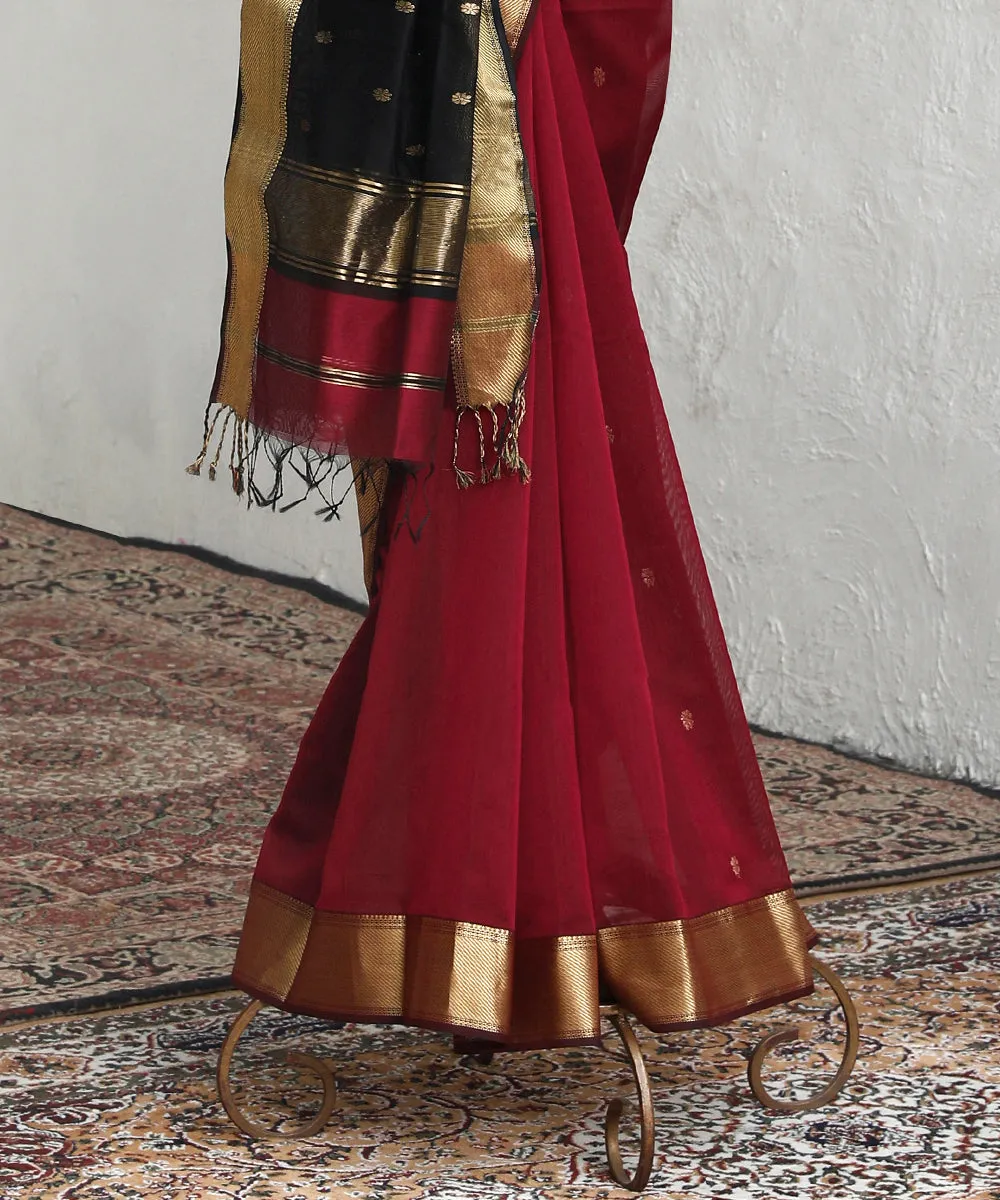 Handloom Maroon And Black Cotton Silk Maheshwari Saree With Zari Booti And Border