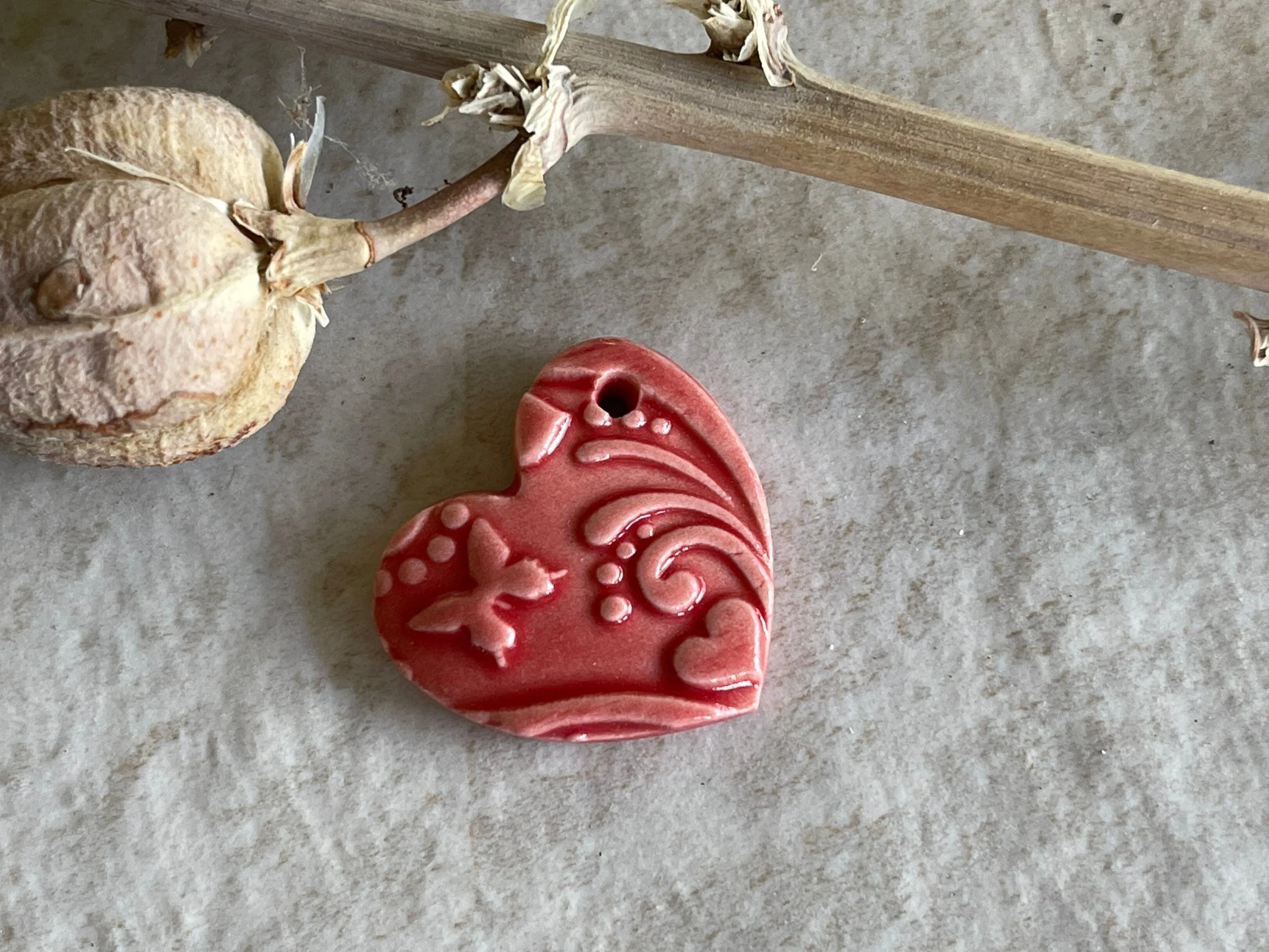 Hearts and Butterflies, Heart Pendant, Porcelain Ceramic Pendant, Artisan Pendant, Jewelry Making Components