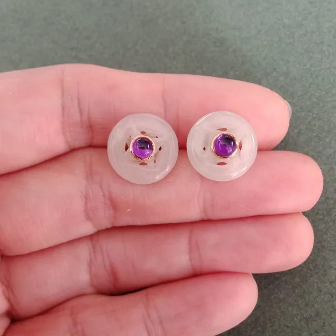 Jade coin amethyst stud earrings