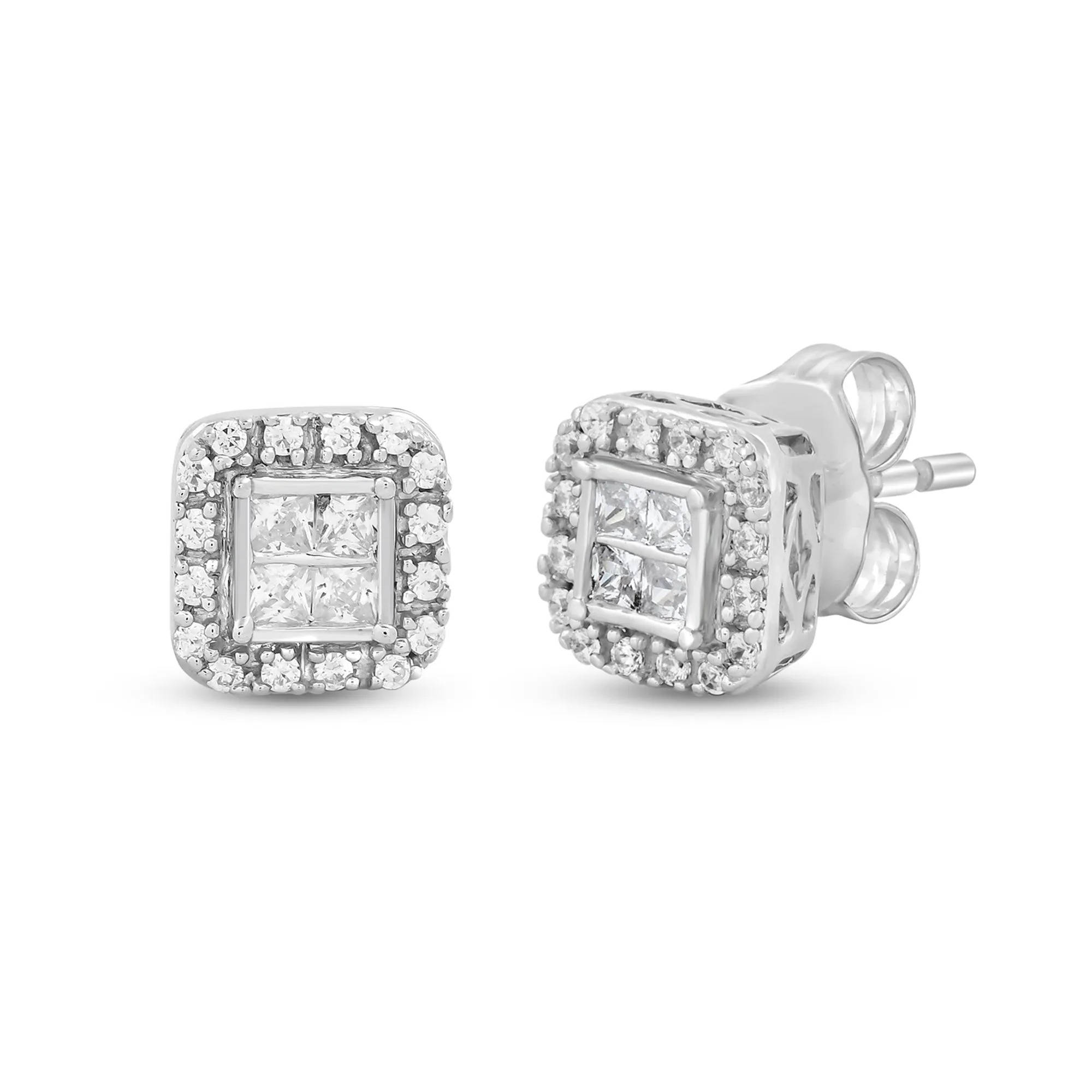 Jewelili 10K White Gold With 1/4 CTTW Natural White Diamond Halo Stud Earring