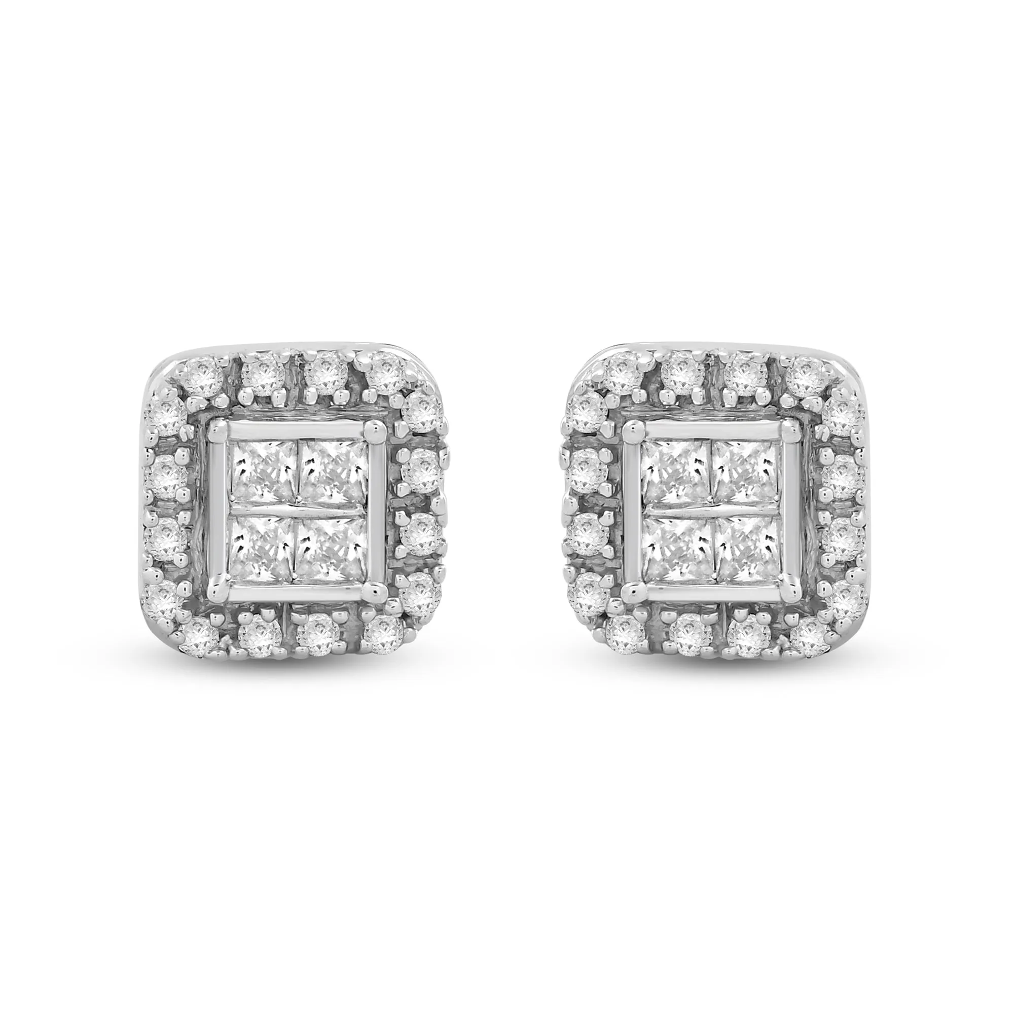 Jewelili 10K White Gold With 1/4 CTTW Natural White Diamond Halo Stud Earring