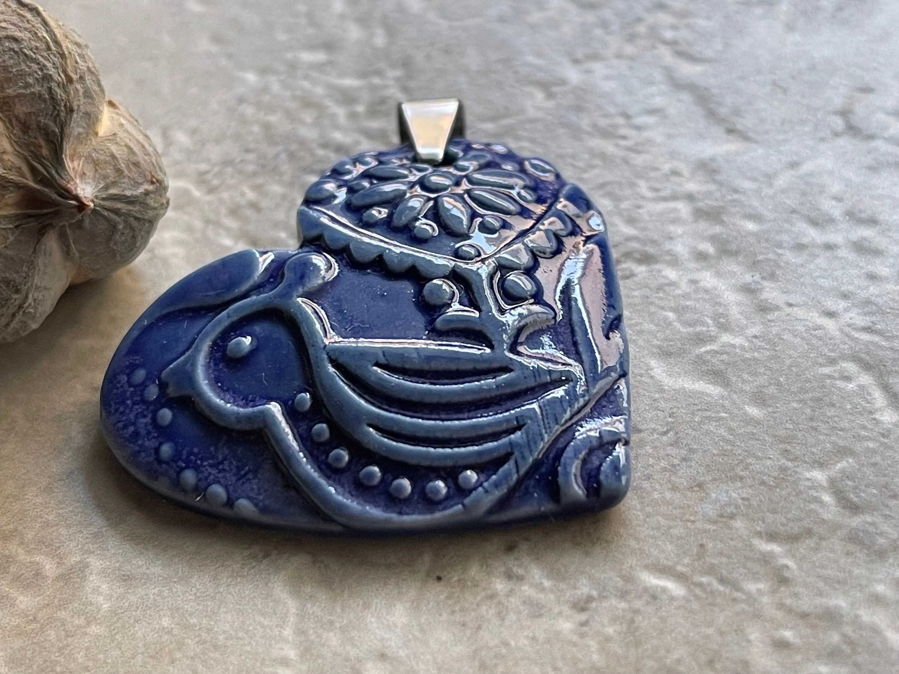 Large Blue Bird Heart Pendant, Porcelain Ceramic Pendant, Artisan Pendant, Jewelry Making Components