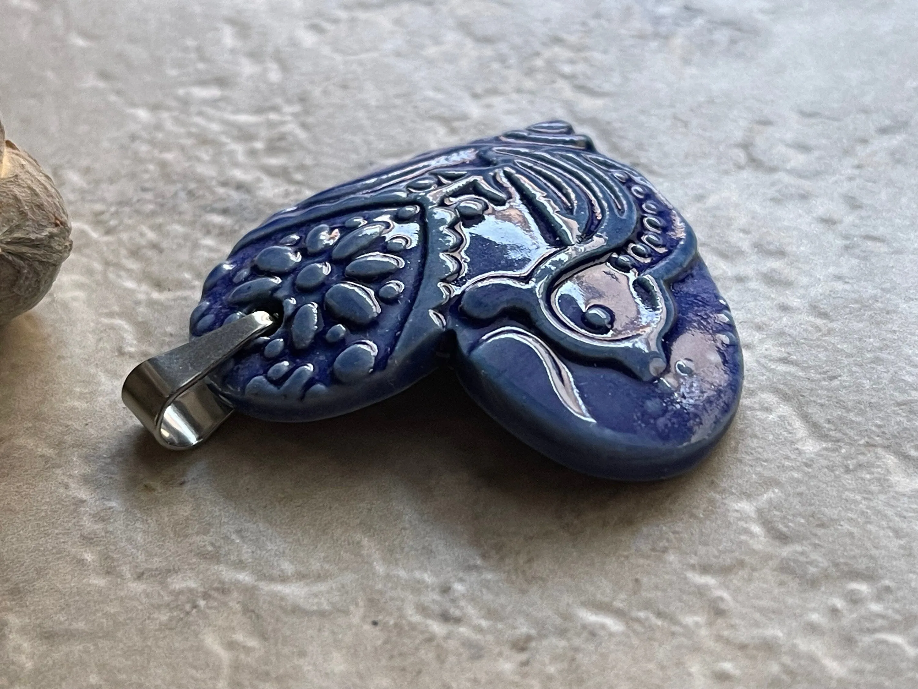 Large Blue Bird Heart Pendant, Porcelain Ceramic Pendant, Artisan Pendant, Jewelry Making Components