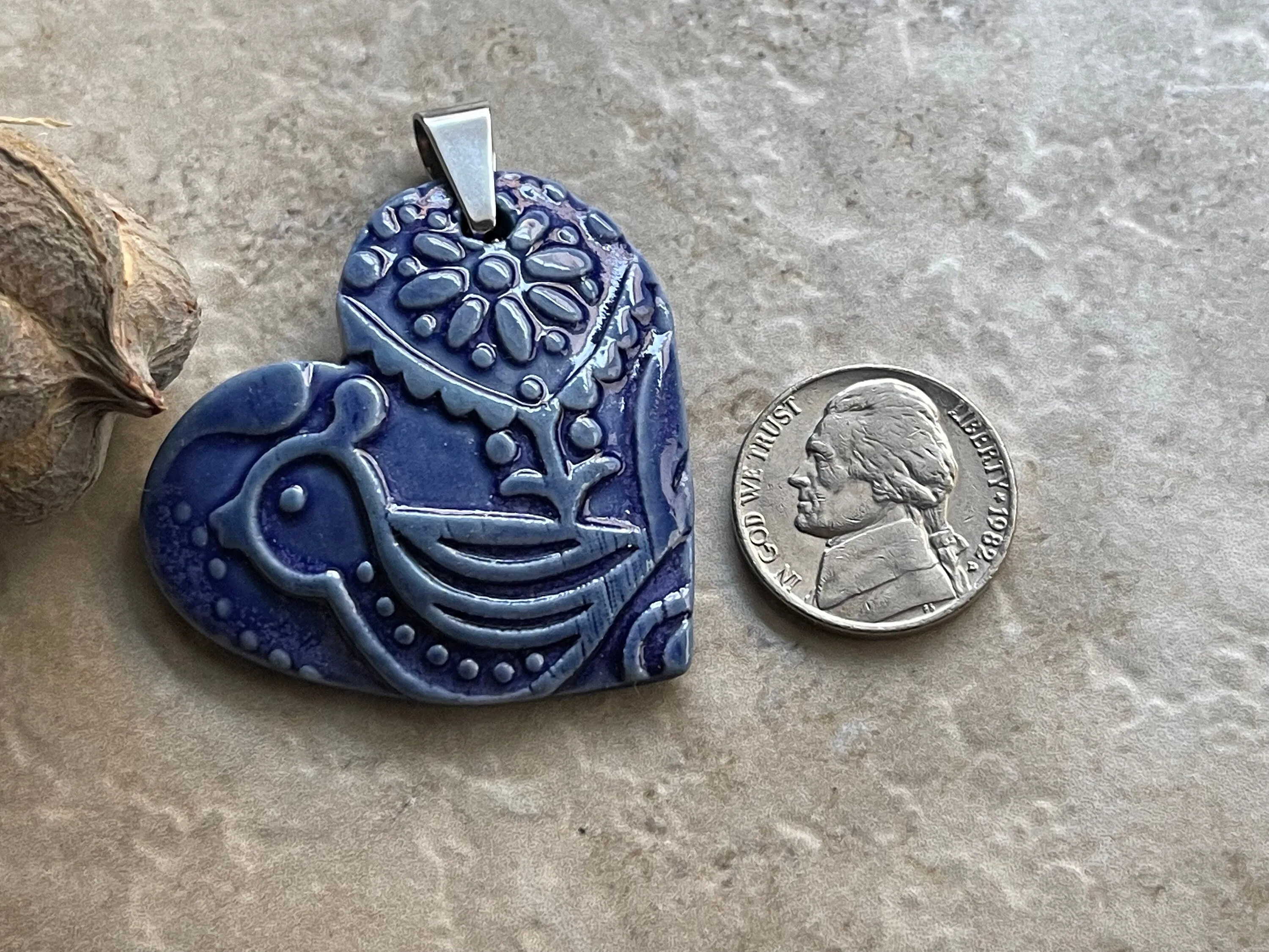 Large Blue Bird Heart Pendant, Porcelain Ceramic Pendant, Artisan Pendant, Jewelry Making Components