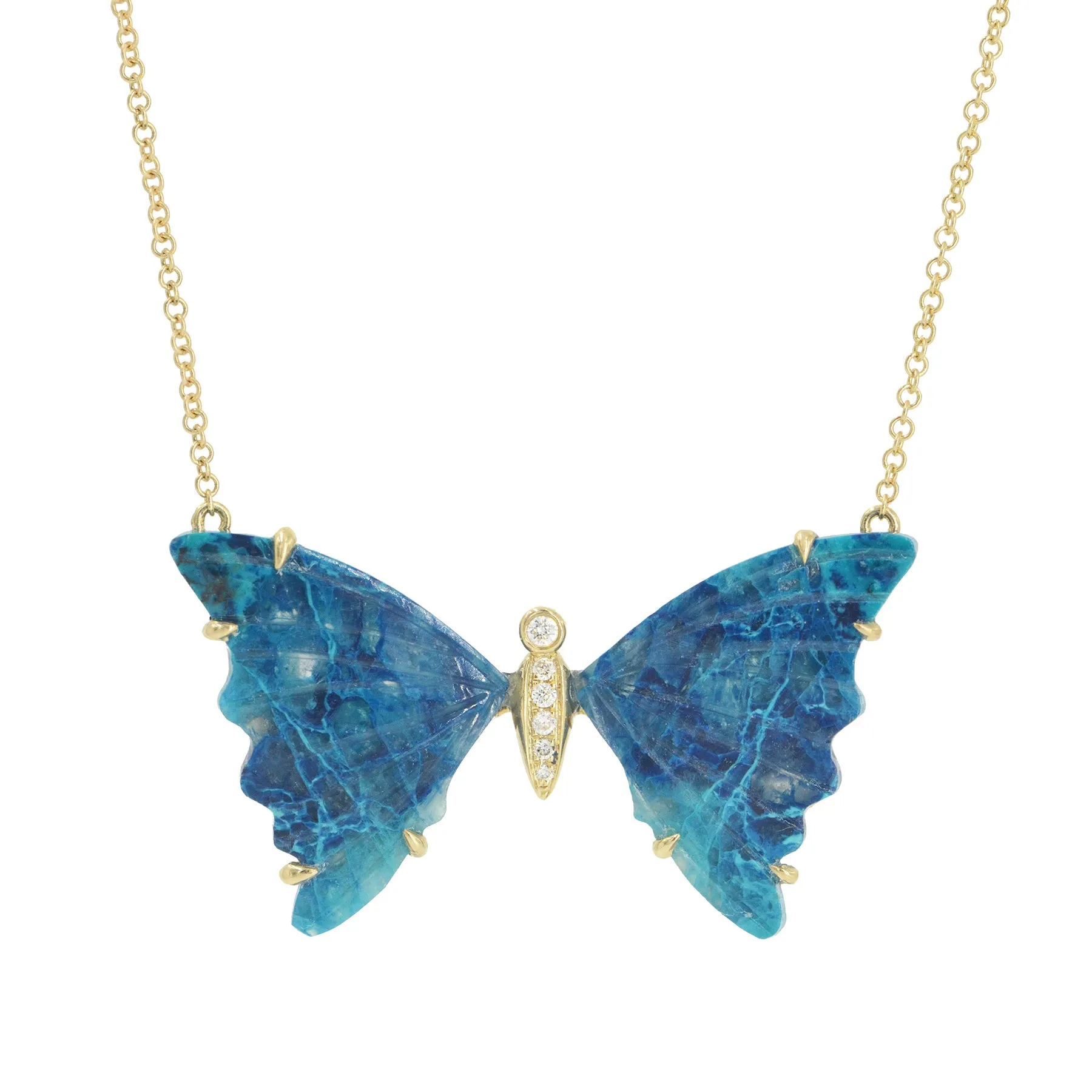 Large Chrysocolla Butterfly Necklace with Diamonds and Prongs