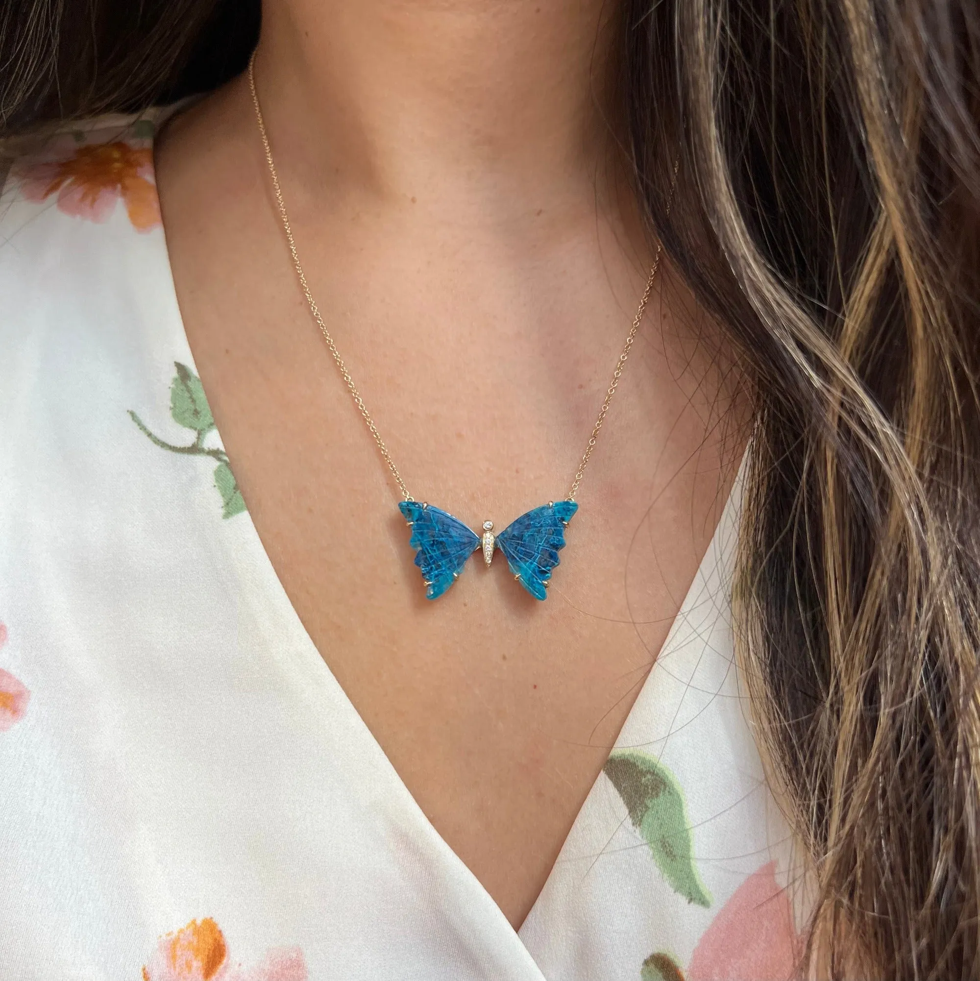 Large Chrysocolla Butterfly Necklace with Diamonds and Prongs