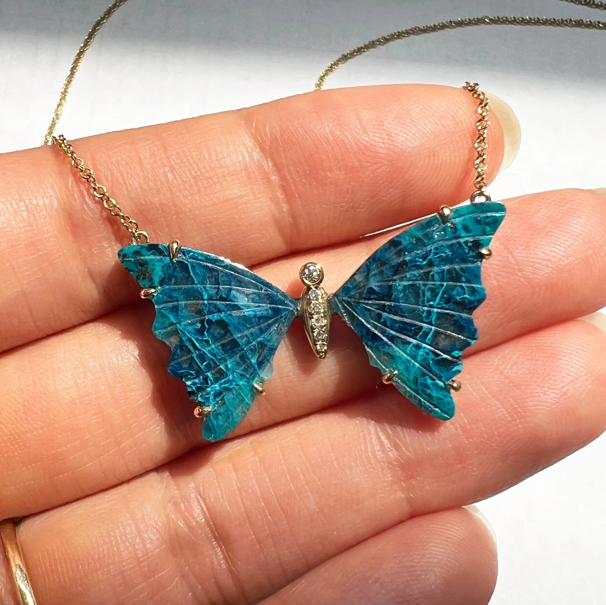 Large Chrysocolla Butterfly Necklace with Diamonds and Prongs