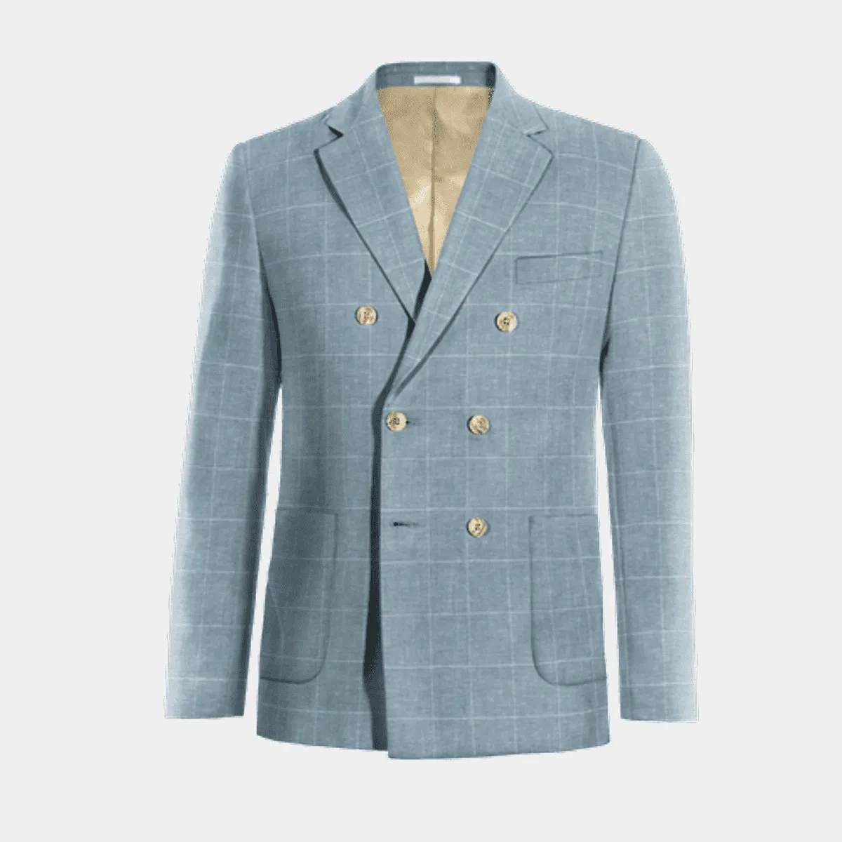 Light blue windowpane lightweight cotton-linen double-breasted Jacket