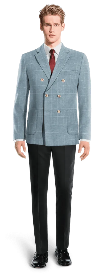 Light blue windowpane lightweight cotton-linen double-breasted Jacket