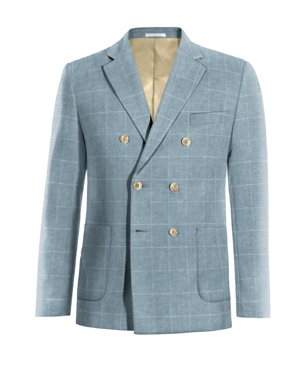 Light blue windowpane lightweight cotton-linen double-breasted Jacket