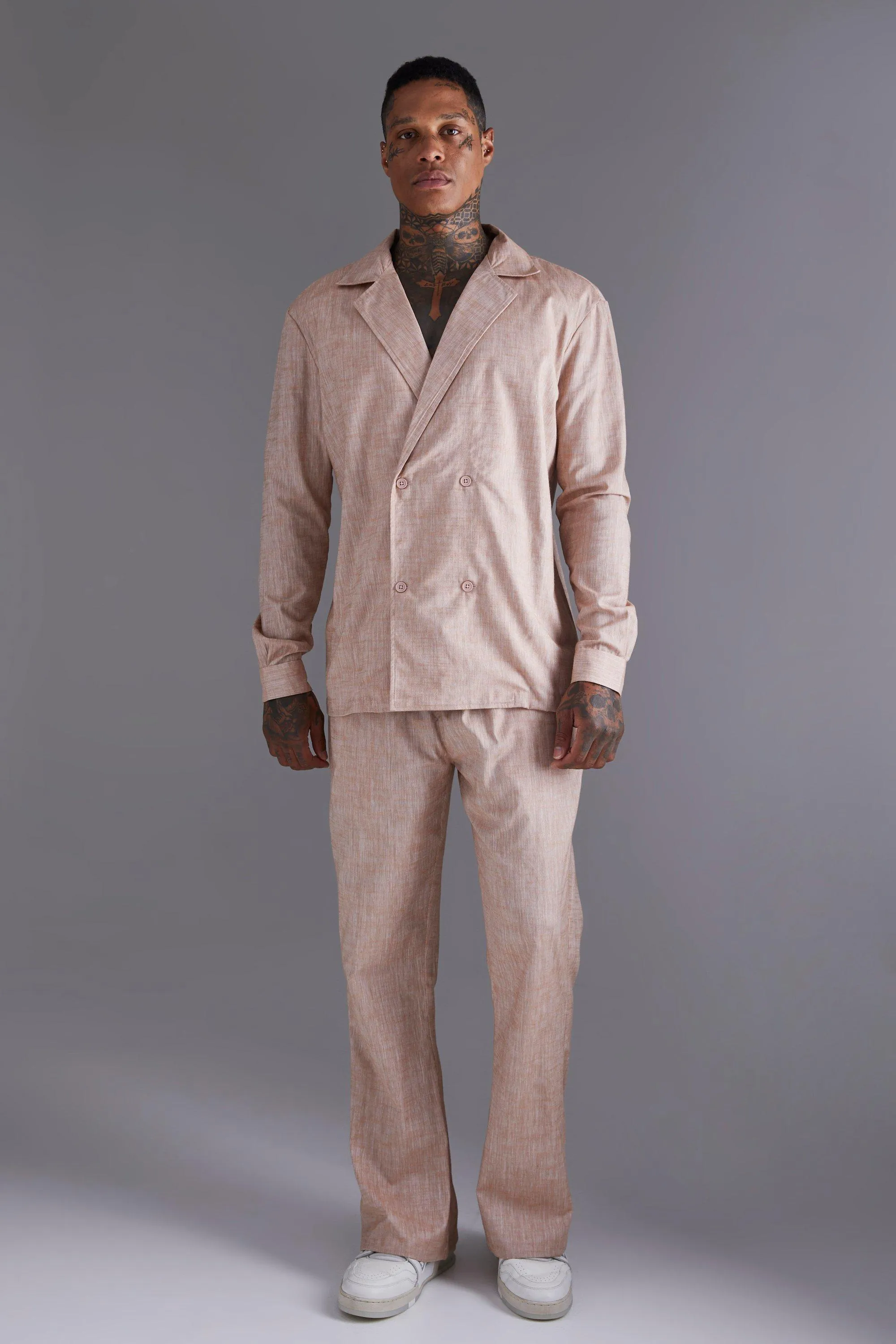 Linen Look Double Breasted Shirt And Flared Trouser Set | boohooMAN UK