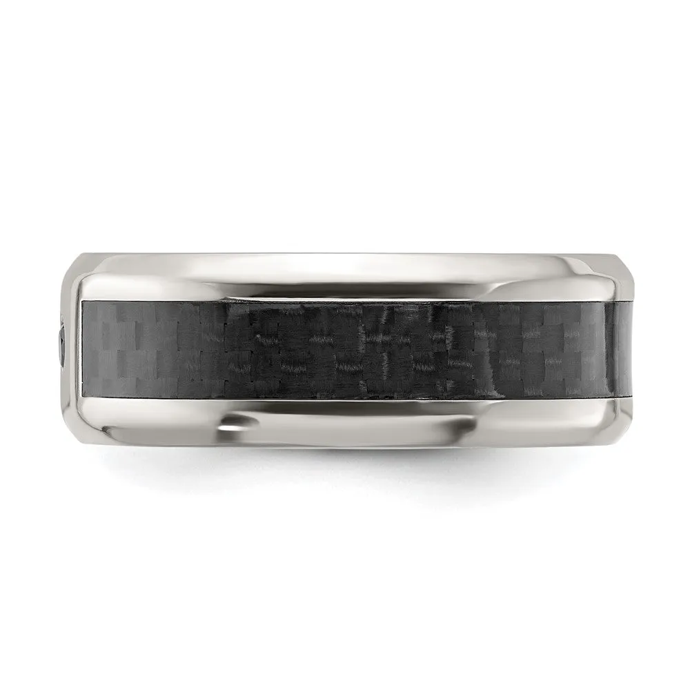 Men's 8mm Titanium Black Carbon Fiber & Black CZ Beveled Edge Band