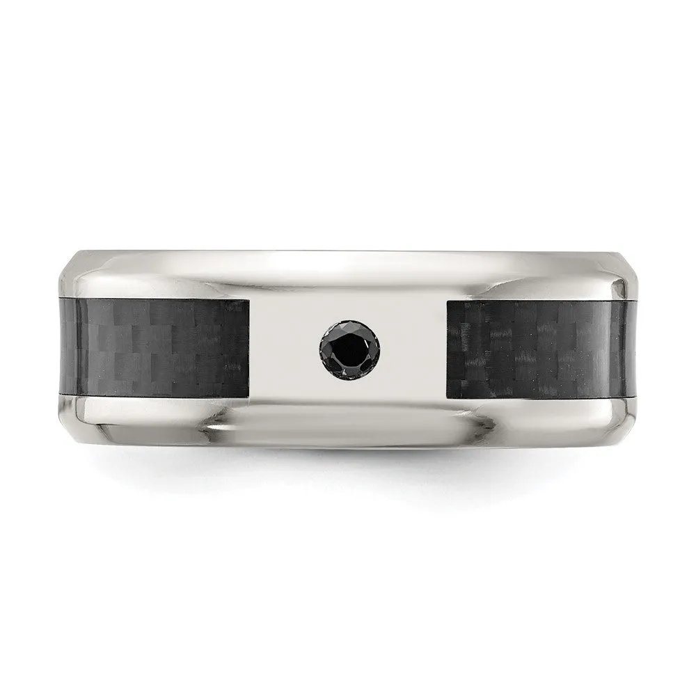 Men's 8mm Titanium Black Carbon Fiber & Black CZ Beveled Edge Band