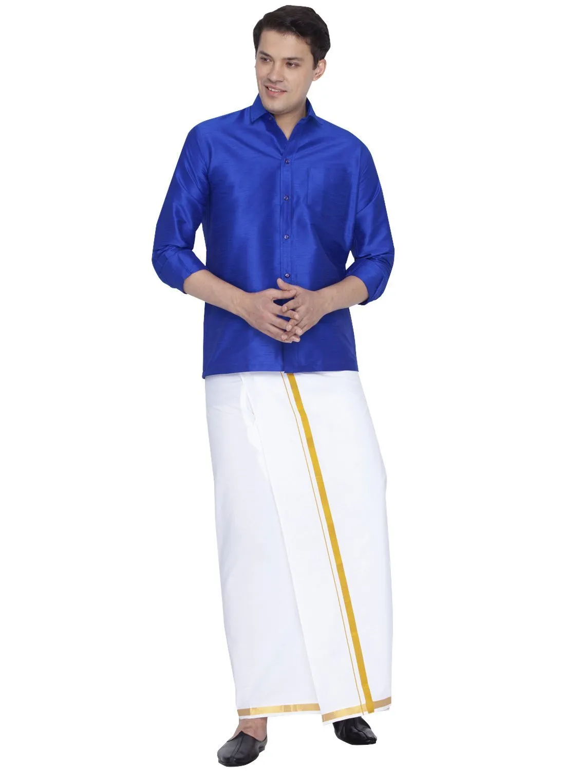 Men's Blue Cotton Silk Blend Shirt and Dhoti Set