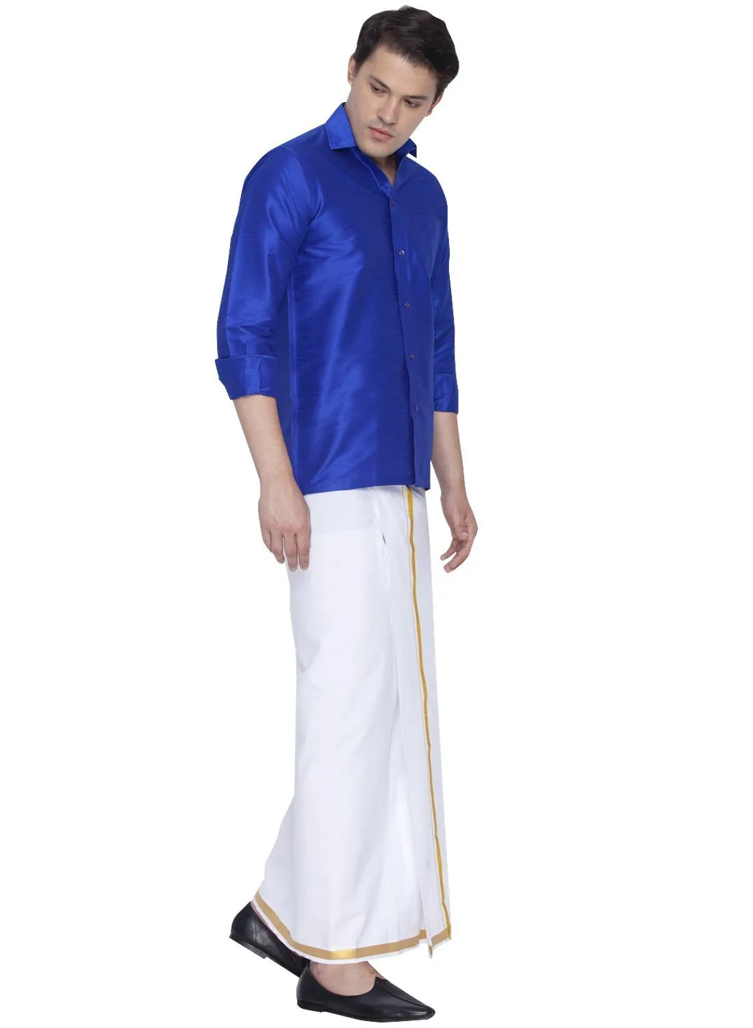 Men's Blue Cotton Silk Blend Shirt and Dhoti Set