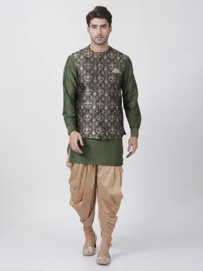 Men's Green Cotton Silk Blend Kurta, Ethnic Jacket and Dhoti Pant Set