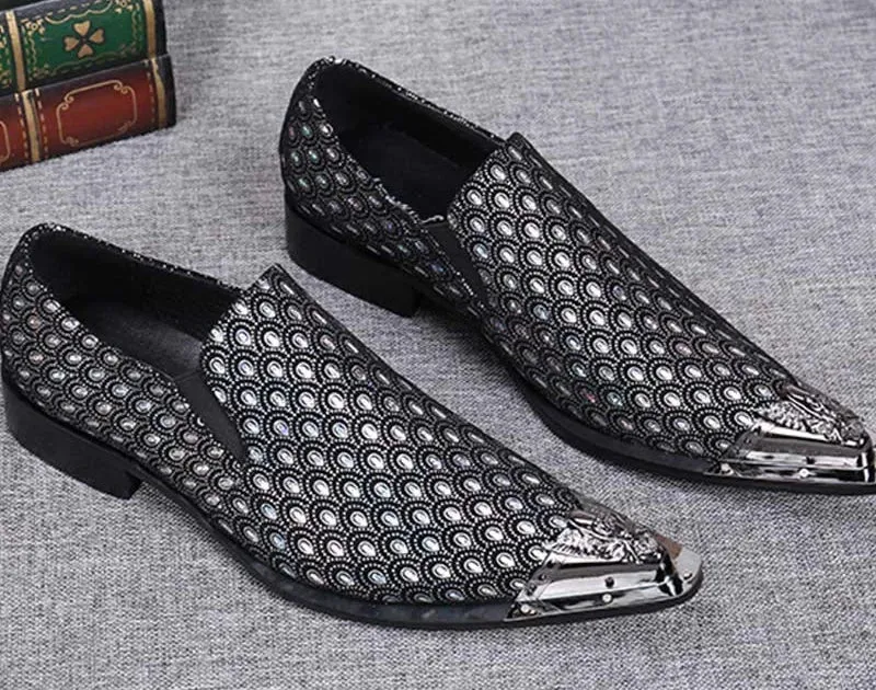 Men's Western Fashion Leather Pointed Metal Toe Party Wedding Dress Shoes