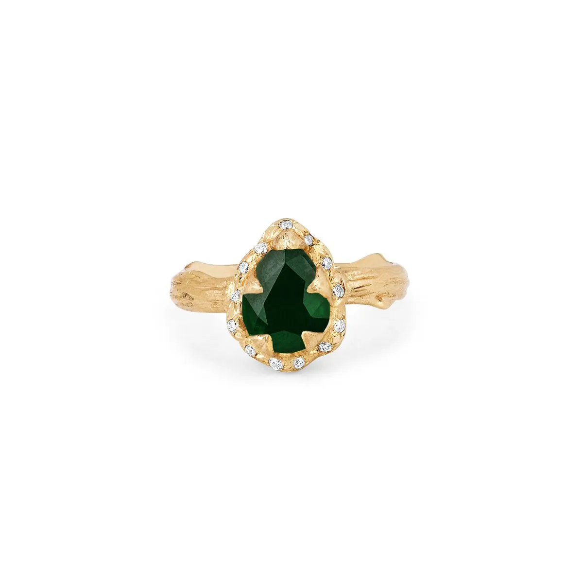 Micro Queen Water Drop Emerald Rose Thorn Ring with Sprinkled Diamonds