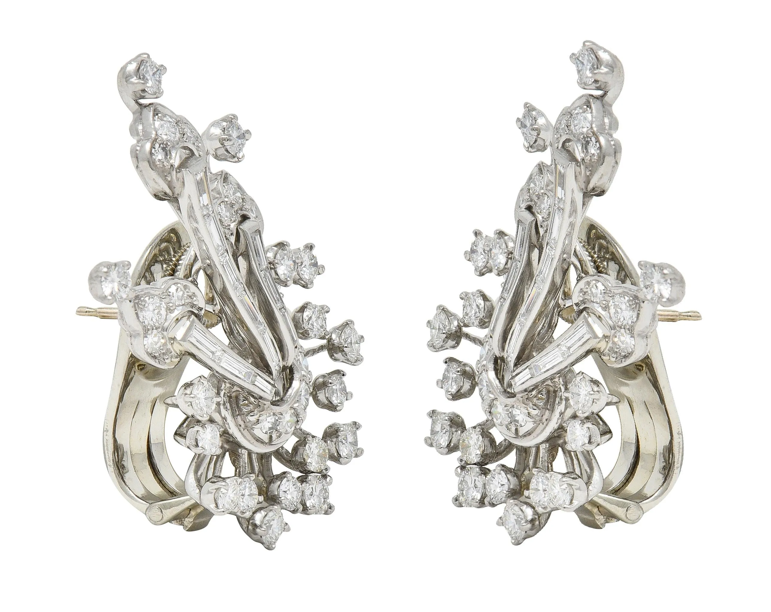 Mid-Century 3.68 CTW Diamond Platinum Vintage Floral Spray Earrings