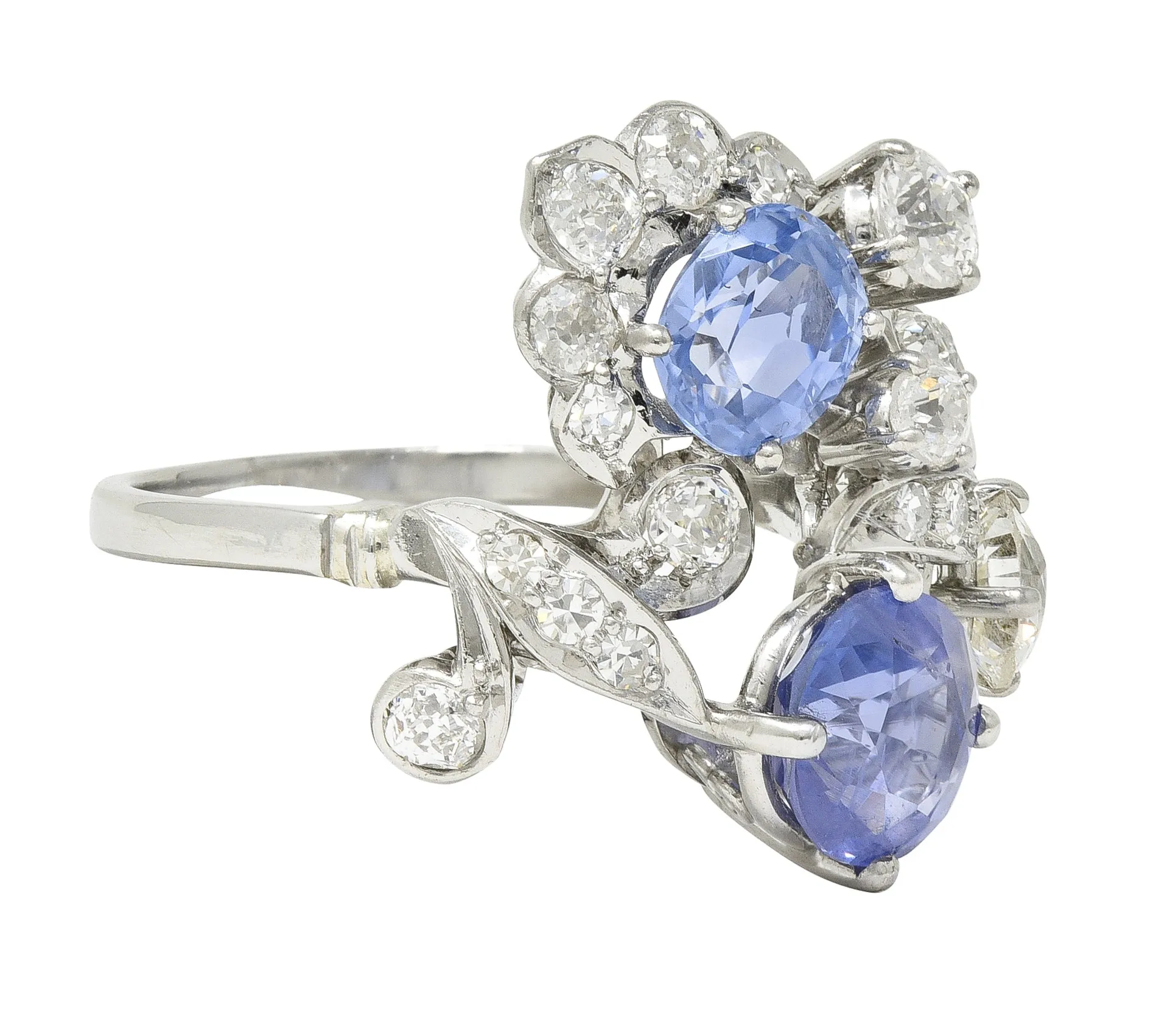 Mid-Century 4.82 CTW Sapphire Diamond Platinum Floral Spray Vintage Bypass Ring