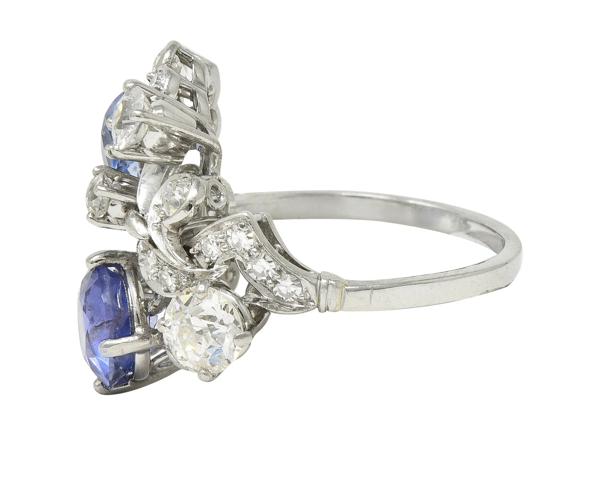 Mid-Century 4.82 CTW Sapphire Diamond Platinum Floral Spray Vintage Bypass Ring