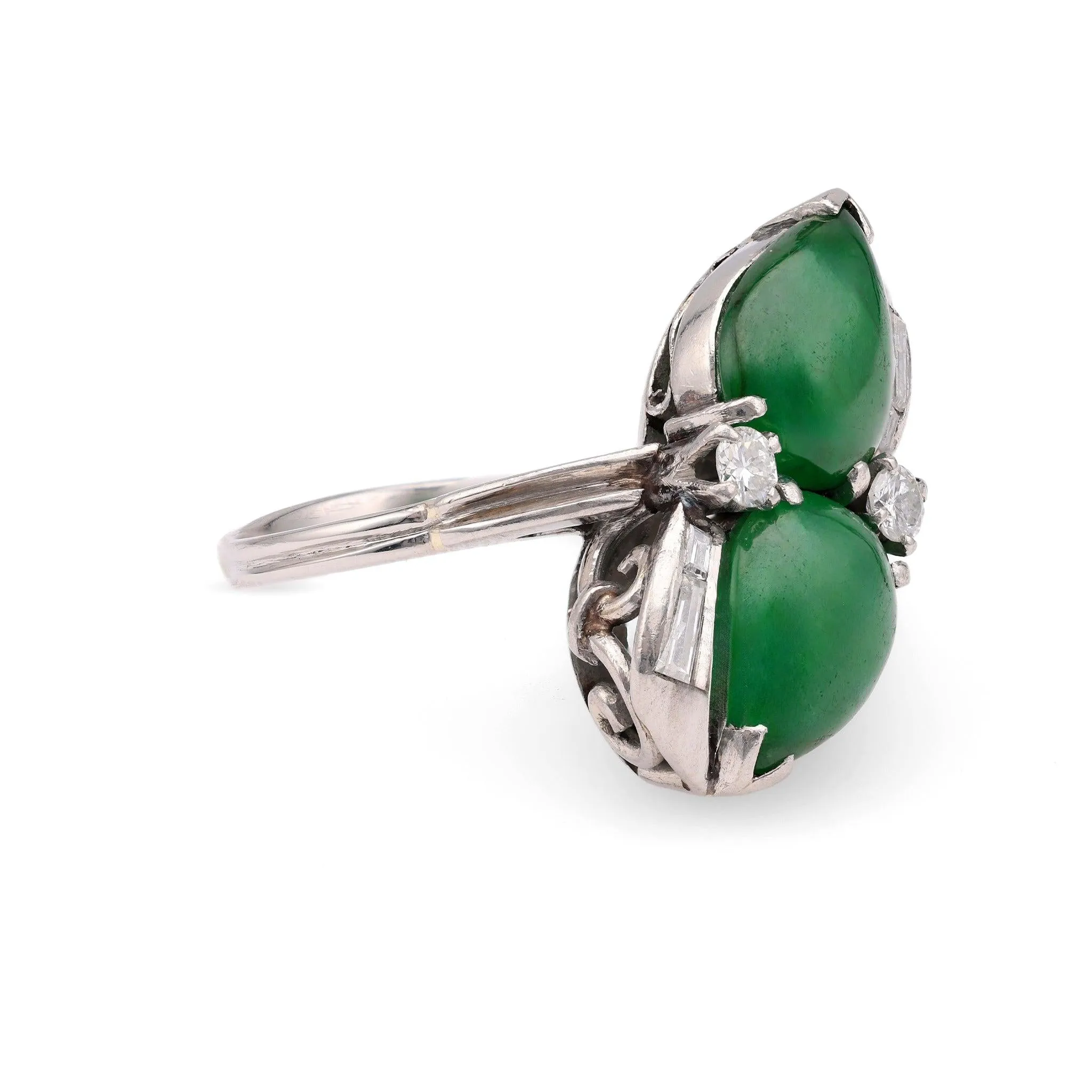 Mid-Century Jadeite Diamond 14k White Gold Toi et Moi Ring