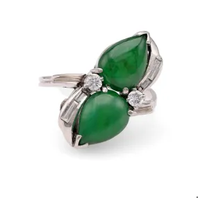 Mid-Century Jadeite Diamond 14k White Gold Toi et Moi Ring