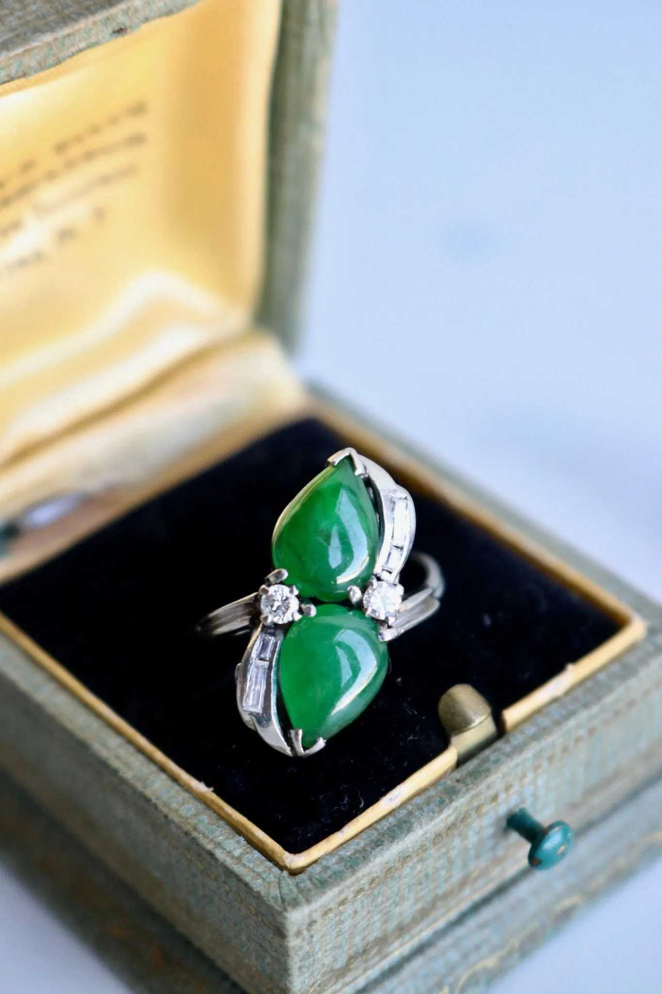 Mid-Century Jadeite Diamond 14k White Gold Toi et Moi Ring