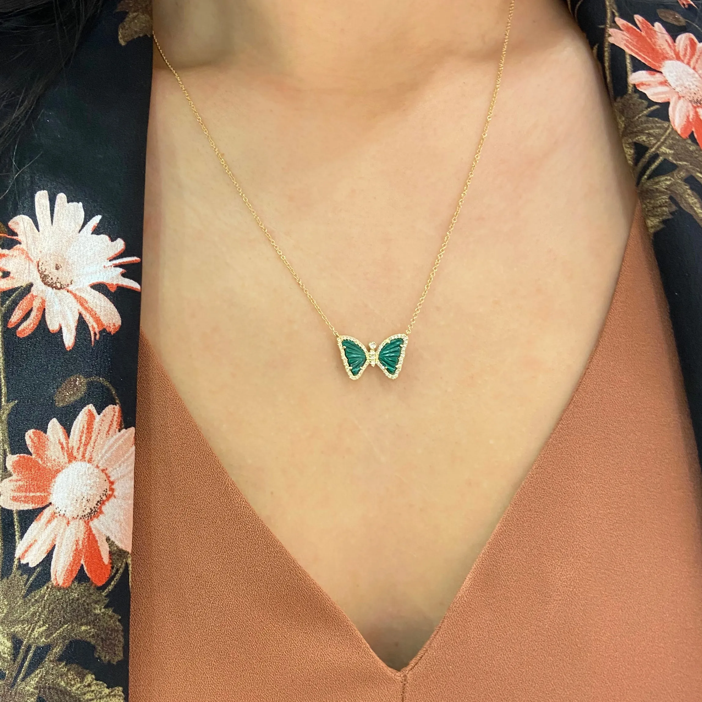 Mini Malachite Butterfly Necklace with Diamonds