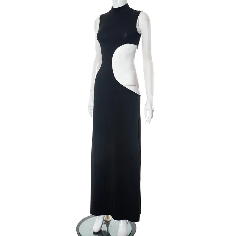 Momnfancy Black Mock Neck Cutout Tank Sleeveless Sundress Baby Shower Maternity Maxi Dress