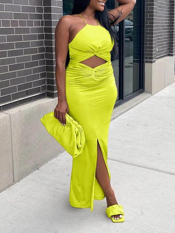 Momnfancy Neon Knot Sleeveless Hollow Out Slit Pleated Patchwork Bodycon Maternity Maxi Dress